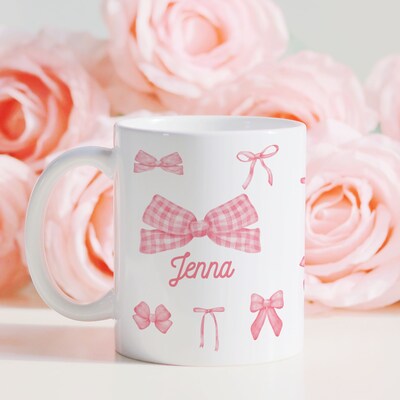 Custom Name Coquette Pink Bows Ceramic Mug, Personalized Coffee Mug, Gift for Her, Coquette Decor, Mother's Day Gift, Trending Mug - image1